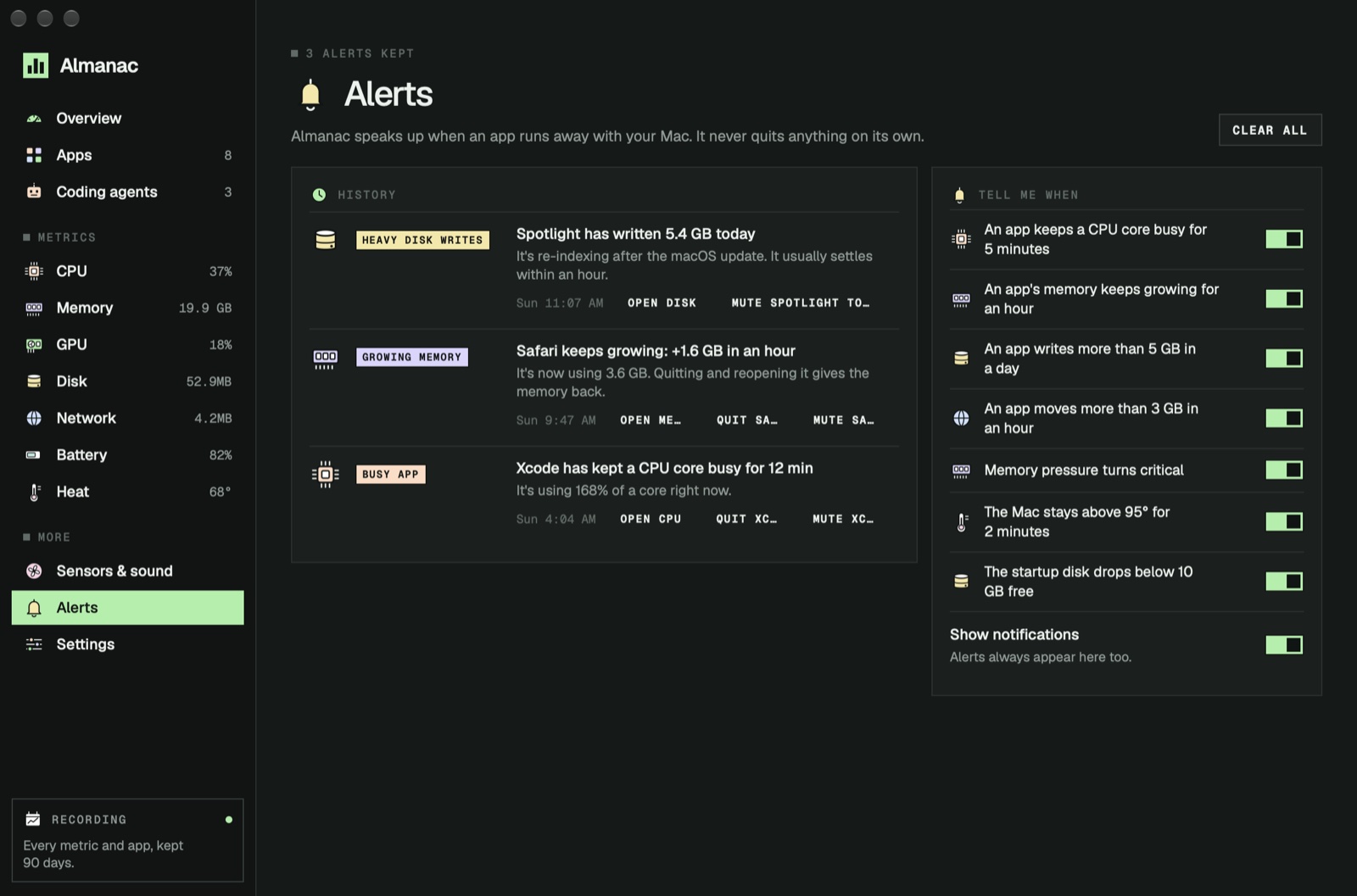 Almanac's Alerts page: Spotlight writing 5.4 GB, Safari growing by 1.6 GB, and the switches for each kind of alert