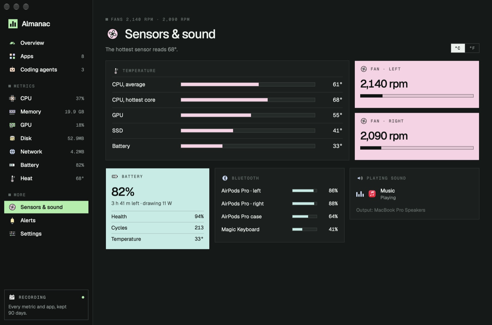 Almanac's Sensors page: CPU, GPU, SSD and battery temperatures, both fans, battery health and Bluetooth batteries