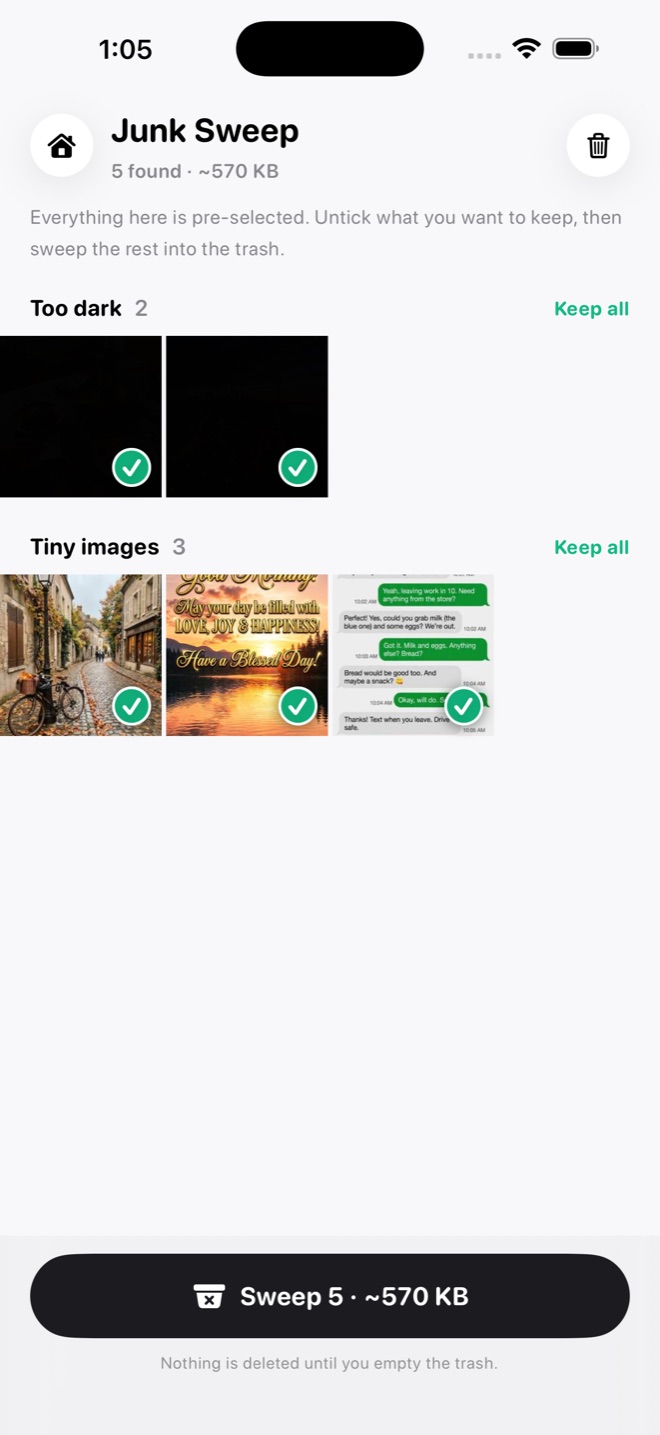 Junk Sweep with 5 found at about 570 KB: two Too dark photos and three Tiny images, all ticked, each section with a Keep all link, and a Sweep 5 button at the bottom.