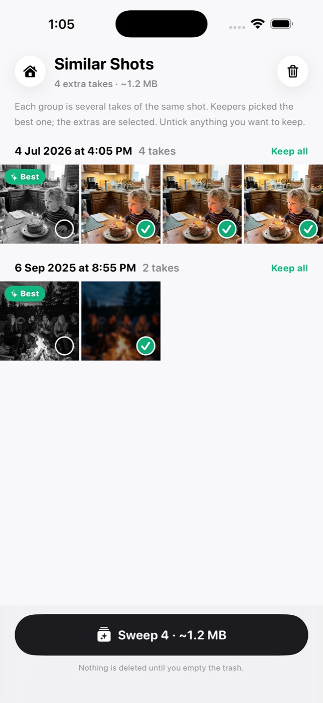 Similar Shots with 4 extra takes at about 1.2 MB: a group of four takes of a child blowing out birthday candles and a group of two campfire photos, the best of each marked Best and the extras ticked, with a Sweep 4 button at the bottom.