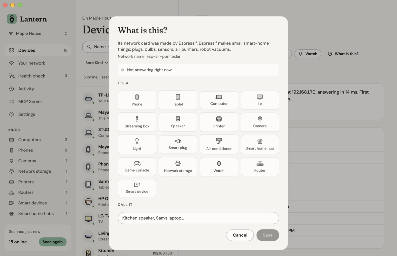Lantern's What is this? sheet for a device that doesn't say what it is: its network card was made by Espressif, which makes smart plugs, bulbs, sensors and air purifiers; whether it's answering right now; a grid of kinds to pick from and a name field