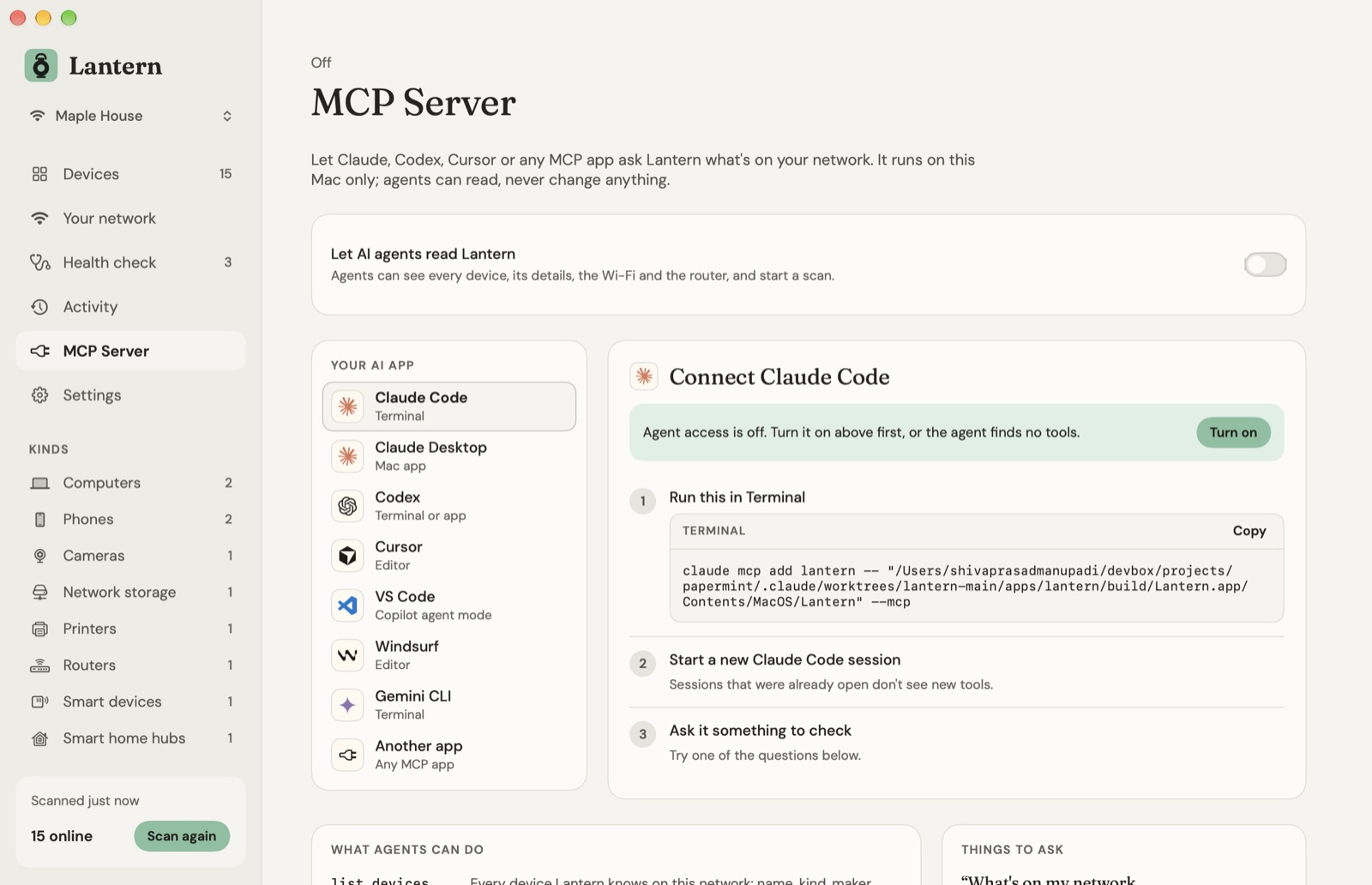 Lantern's MCP Server page: a switch to let AI apps read Lantern, setup for Claude Code, Claude Desktop, Codex, Cursor, VS Code, Windsurf and Gemini CLI, and the read-only tools agents can use