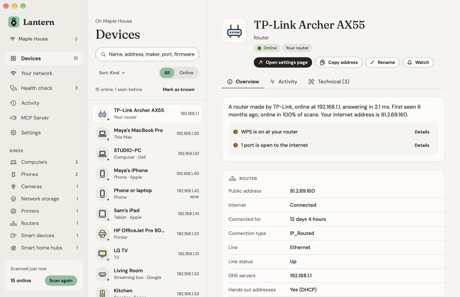 Lantern showing the TP-Link Archer AX55 router: online, your router, a button to open its settings page, and its public address, connection, line and the Plex port it forwards to the internet