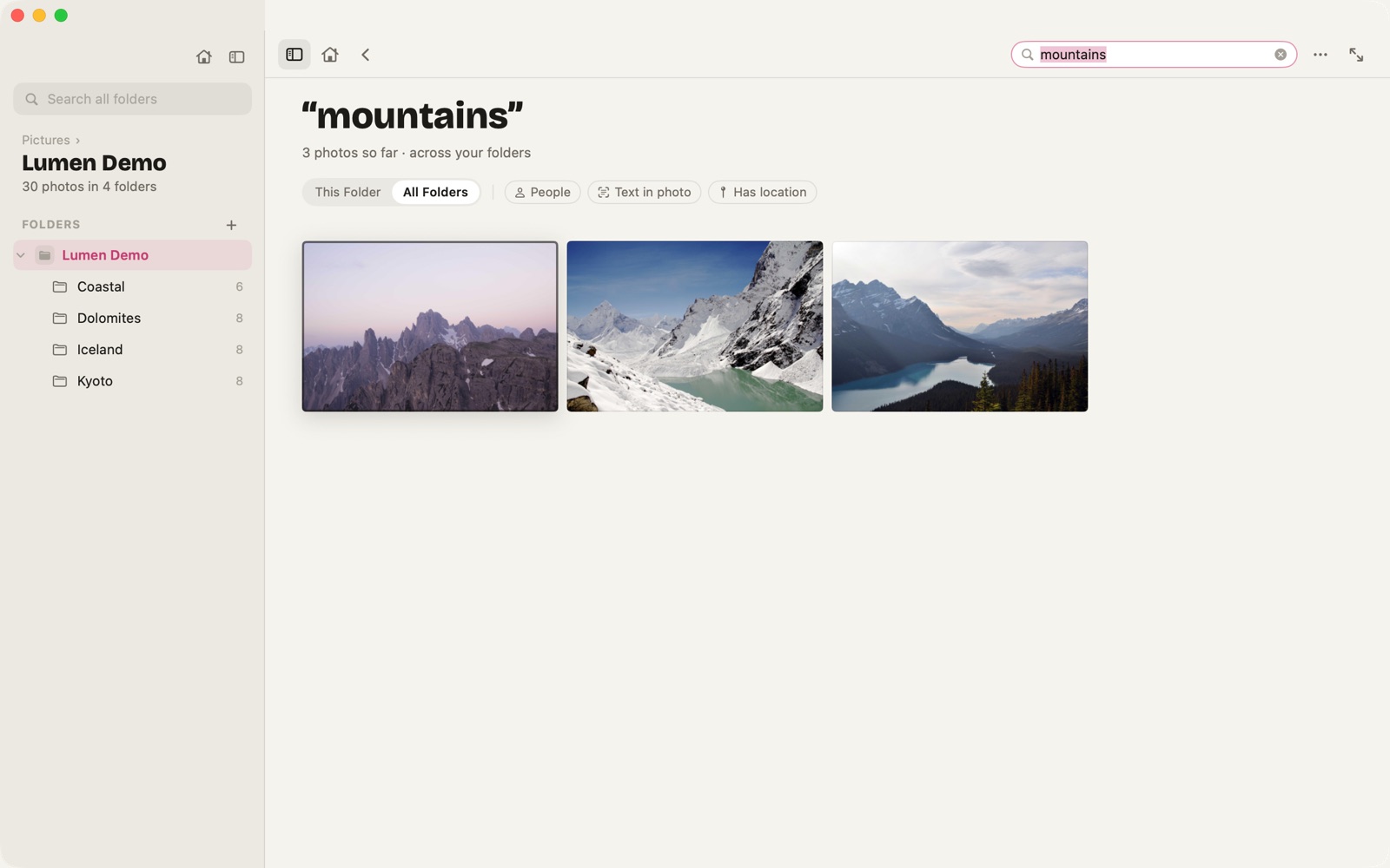 Lumen search results for mountains, across every folder
