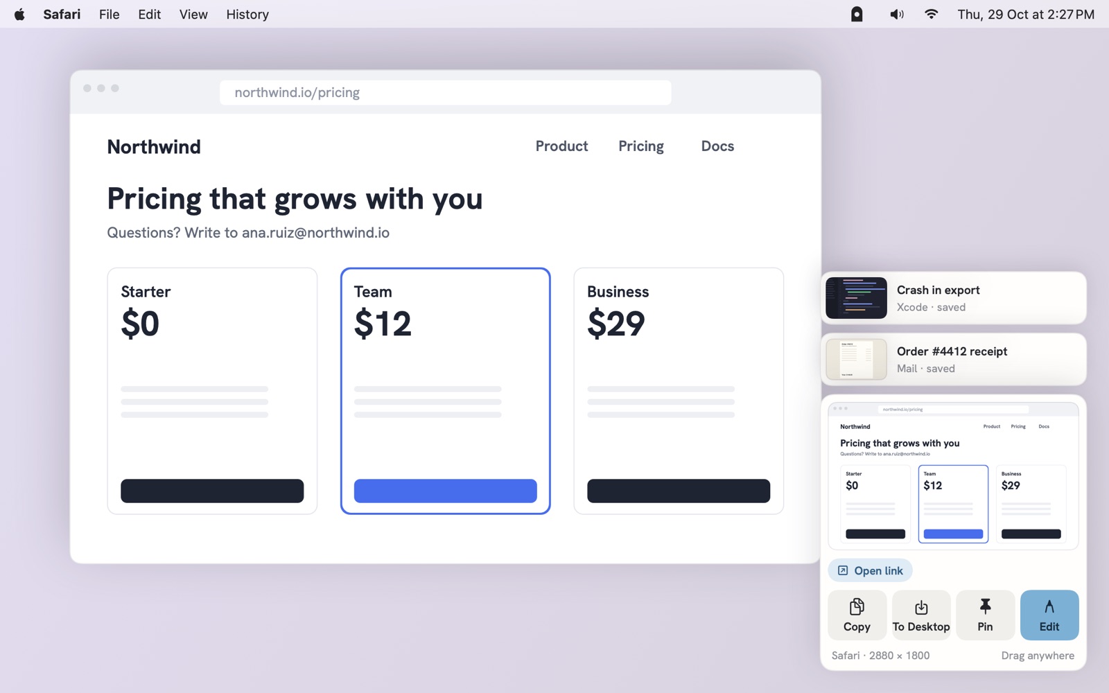 The card Oriel shows after a capture, in the corner of the screen: the shot, an Open link button, Copy, To Desktop, Pin and Edit, Safari · 2880 × 1800 and Drag anywhere, with two earlier captures tucked above it
