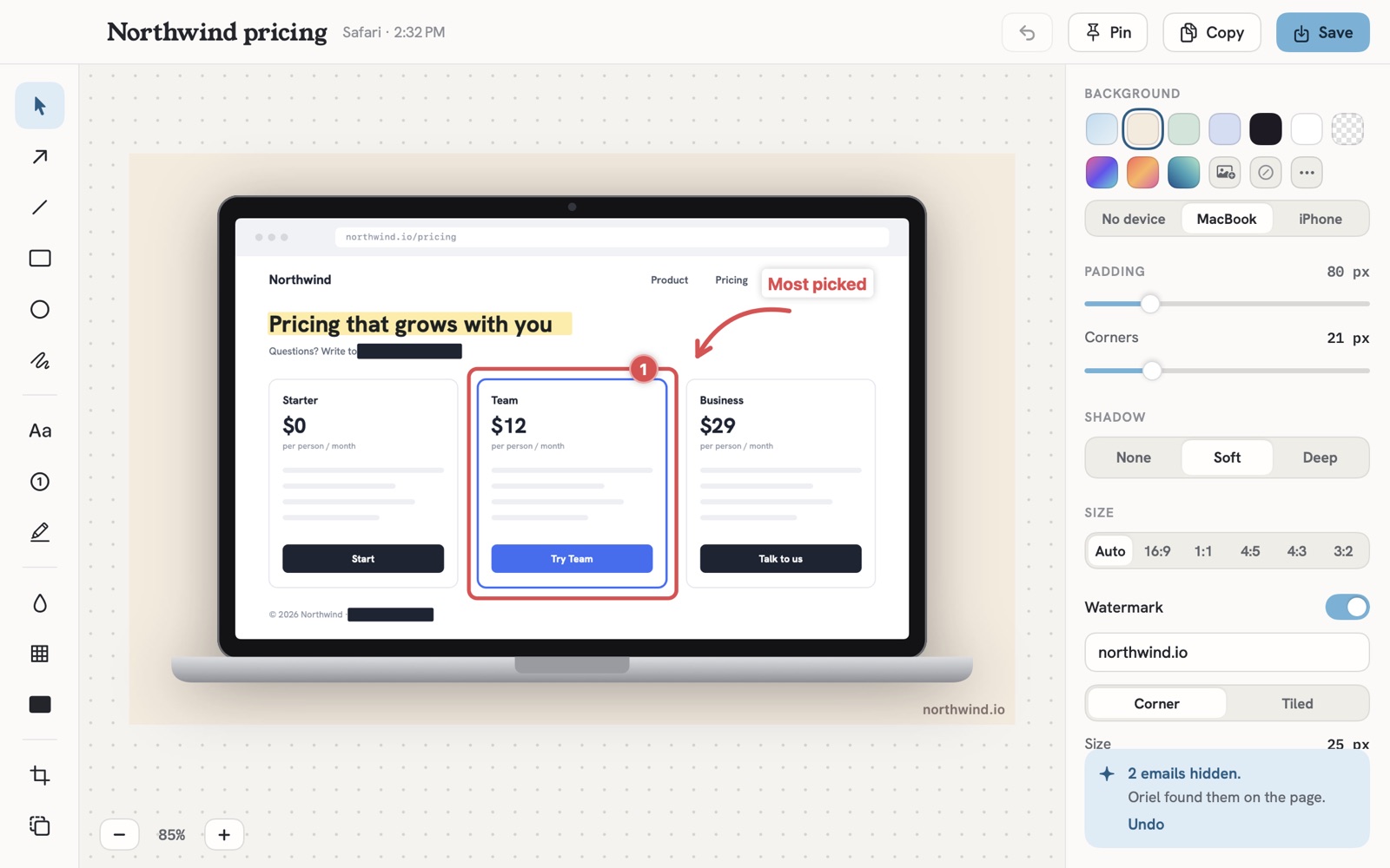 The same marked-up pricing page set inside a MacBook frame on a cream background, with a northwind.io watermark in the corner