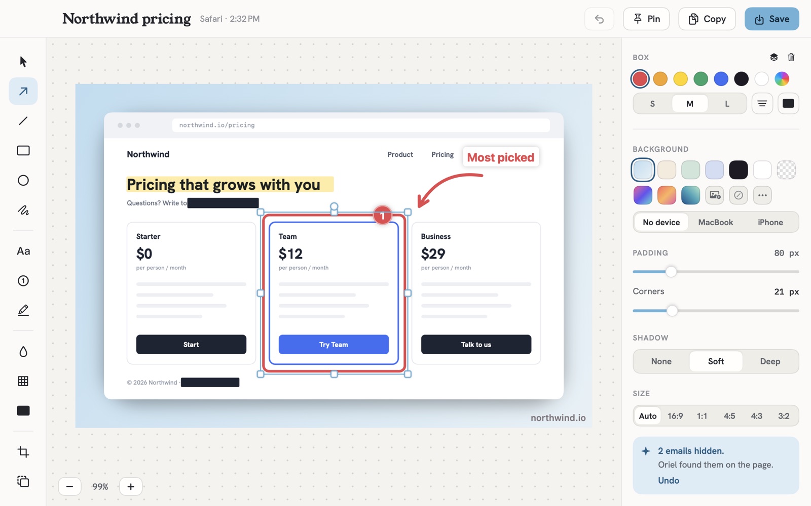 Oriel's markup editor on a screenshot of a made-up pricing page: a red box with a numbered step around the Team plan, an arrow, the label Most picked, a highlighted headline, two email addresses blacked out, set on a pale blue background with padding, rounded corners and a soft shadow, and a note that 2 emails were hidden