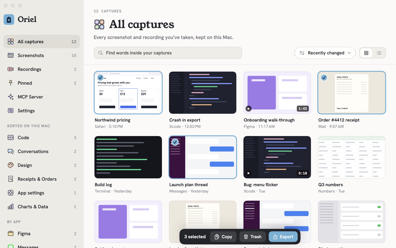 Oriel's Library: All captures, 12 of them, in a grid with titles, apps and times (Northwind pricing from Safari, Crash in export from Xcode, an Onboarding walk-through recording from Figma, an order receipt from Mail), three selected with Copy, Trash and Export below, and the sidebar sorted into Code, Conversations, Design, Receipts & Orders, App settings and Charts & Data