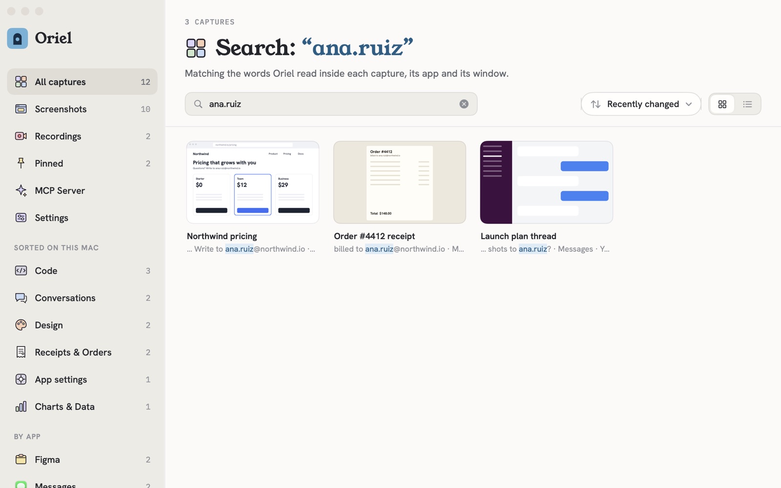 Oriel's Library searching for ana.ruiz: three captures matched by the words inside them, a pricing page, an order receipt and a Messages thread, with the matching text highlighted under each