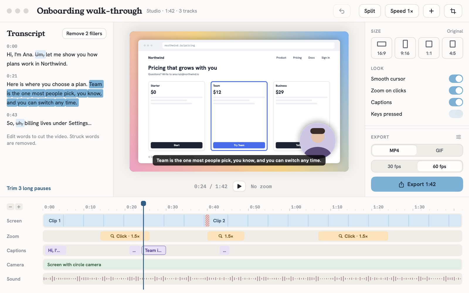 Oriel's Studio editing a 1:42 recording: the transcript on the left with filler words struck out and a Remove 2 fillers button, the preview with a caption and camera bubble, Size, Smooth cursor, Zoom on clicks and Captions on the right, MP4 or GIF at 30 or 60 fps, and a timeline with Screen, Zoom, Captions, Camera and Sound tracks