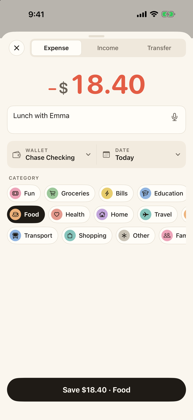 PennyBook's add screen: a plain form with the amount, wallet, category chips, a note and the date