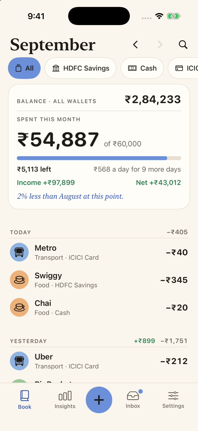 PennyBook's Book screen: balance across all wallets, this month's spending against a budget, income and net, and today's entries with plus and minus signs.