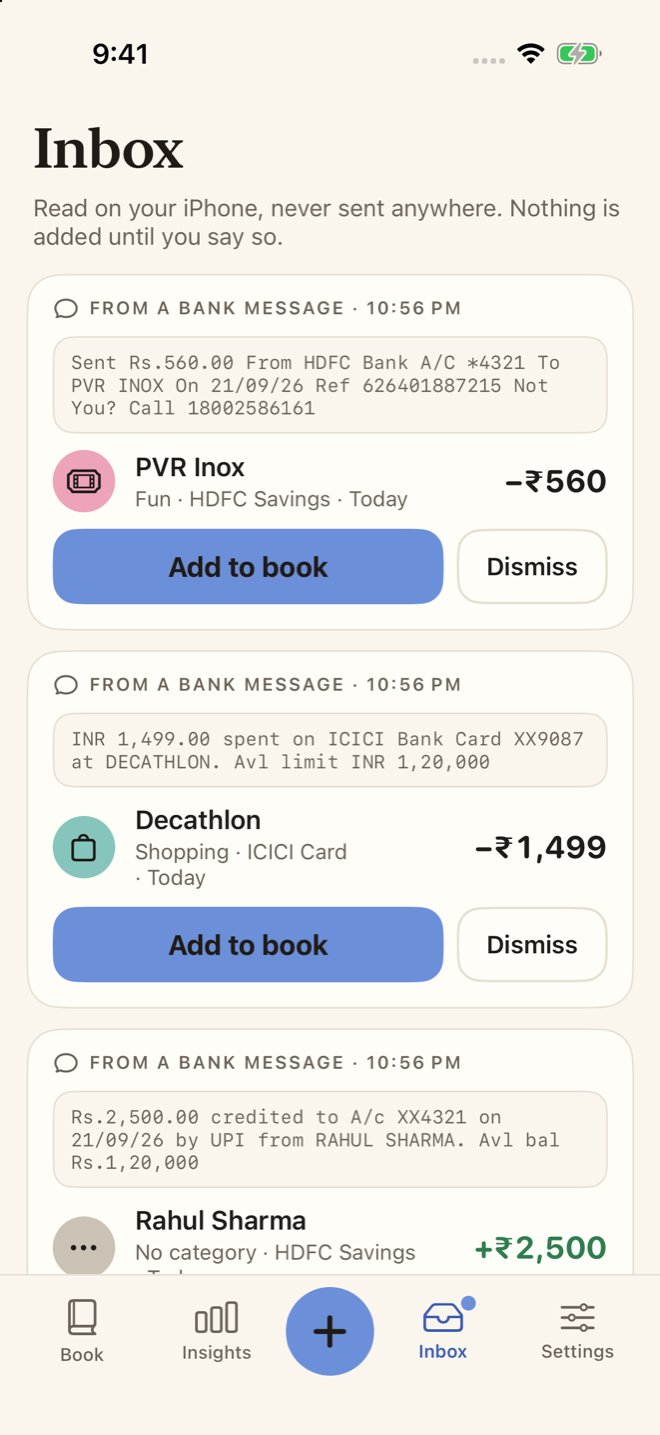 The Inbox: bank messages read into drafts, each with Add to book and Dismiss.