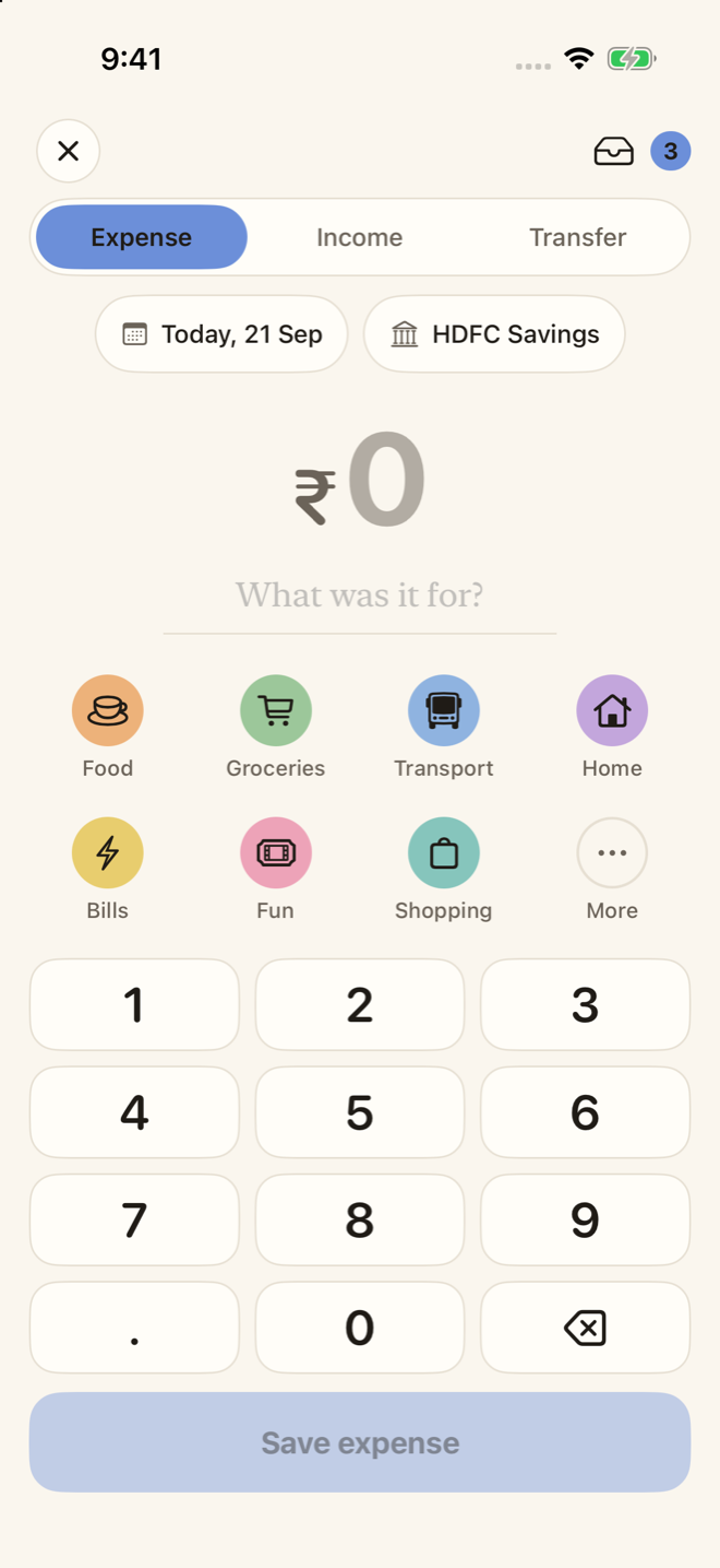 The keypad: a switch for expense, income or transfer, the date and wallet, a large amount, categories and number keys.