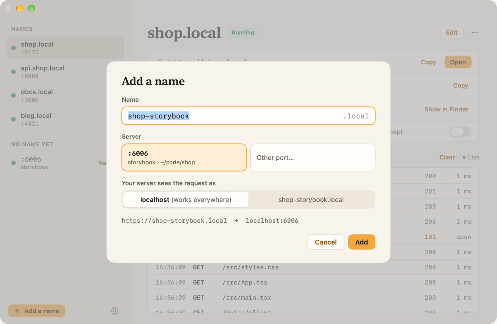 Adding a name in Porter: the name field, the running servers to choose from, and a preview of the address