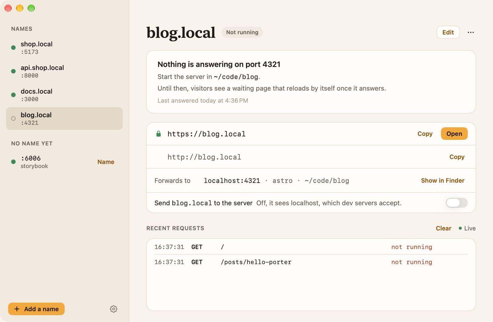 blog.local in Porter while its server is stopped: nothing answering on port 4321, start it in ~/code/blog