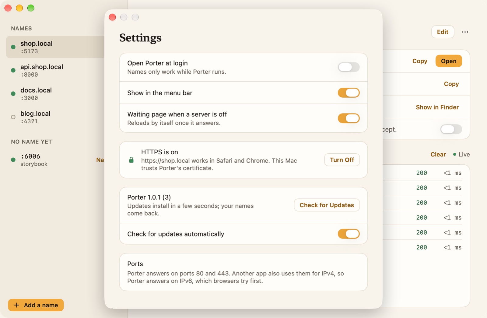 Porter's Settings with HTTPS on and trusted by the Mac, update options and the ports in use