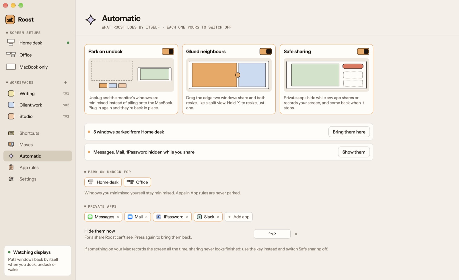 Roost's Automatic page: Park on undock, Glued neighbours and Safe sharing, each with a switch, the windows parked from the home desk, and the private apps hidden while sharing
