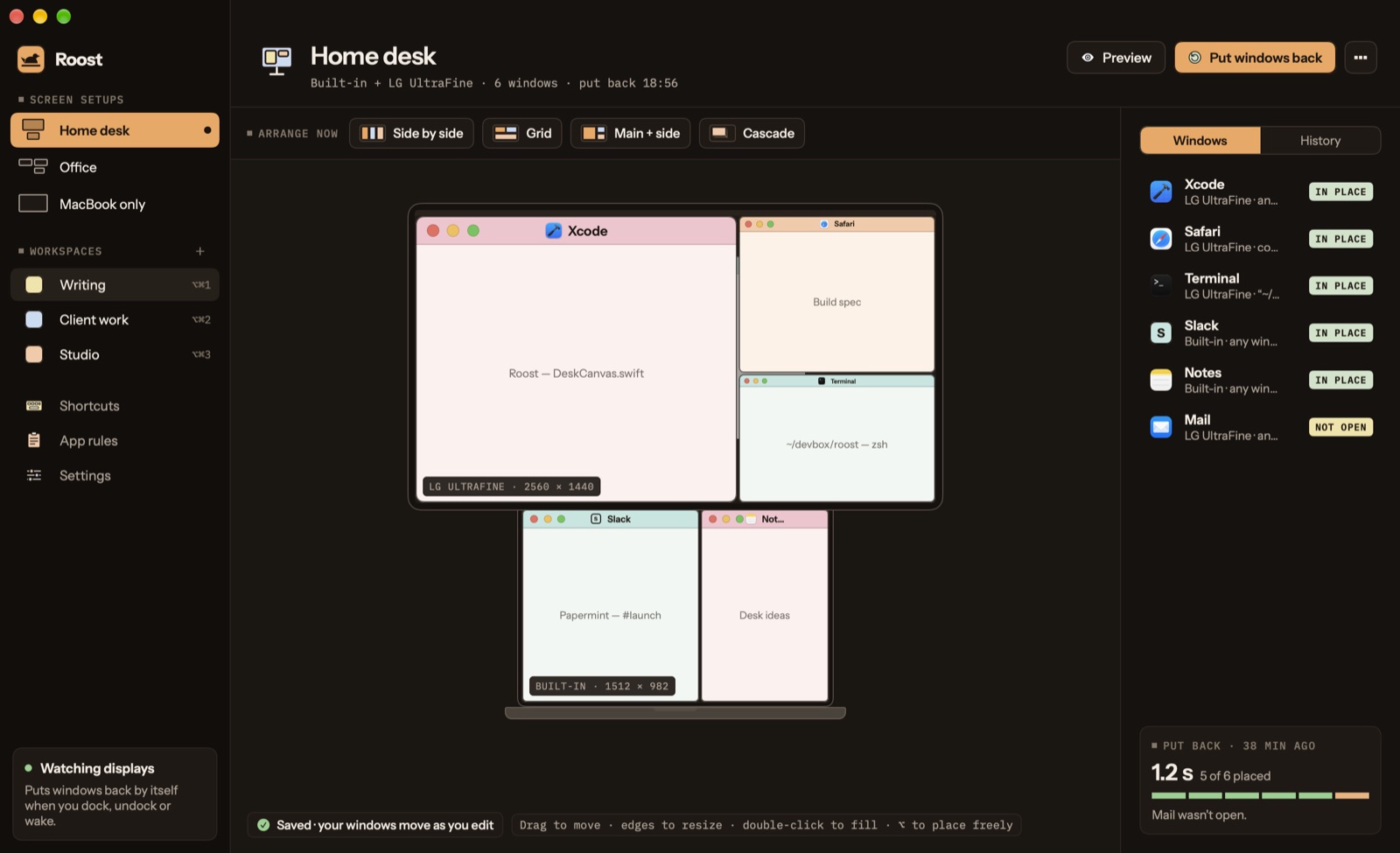 The same screen setup in Roost's dark theme, every window drawn like a macOS window with its title bar and app