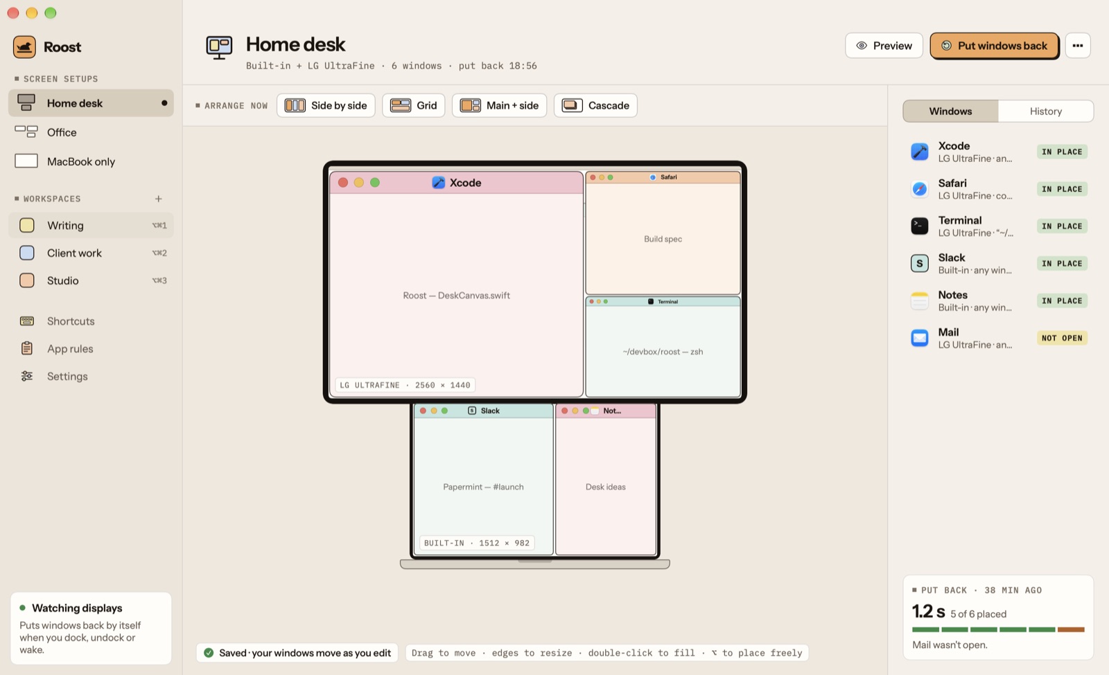 Roost's screen-setup page: an LG UltraFine above a MacBook, drawn as the devices they are, with Xcode, Safari and Terminal on the monitor and Slack and Notes on the MacBook, and the Arrange now buttons above