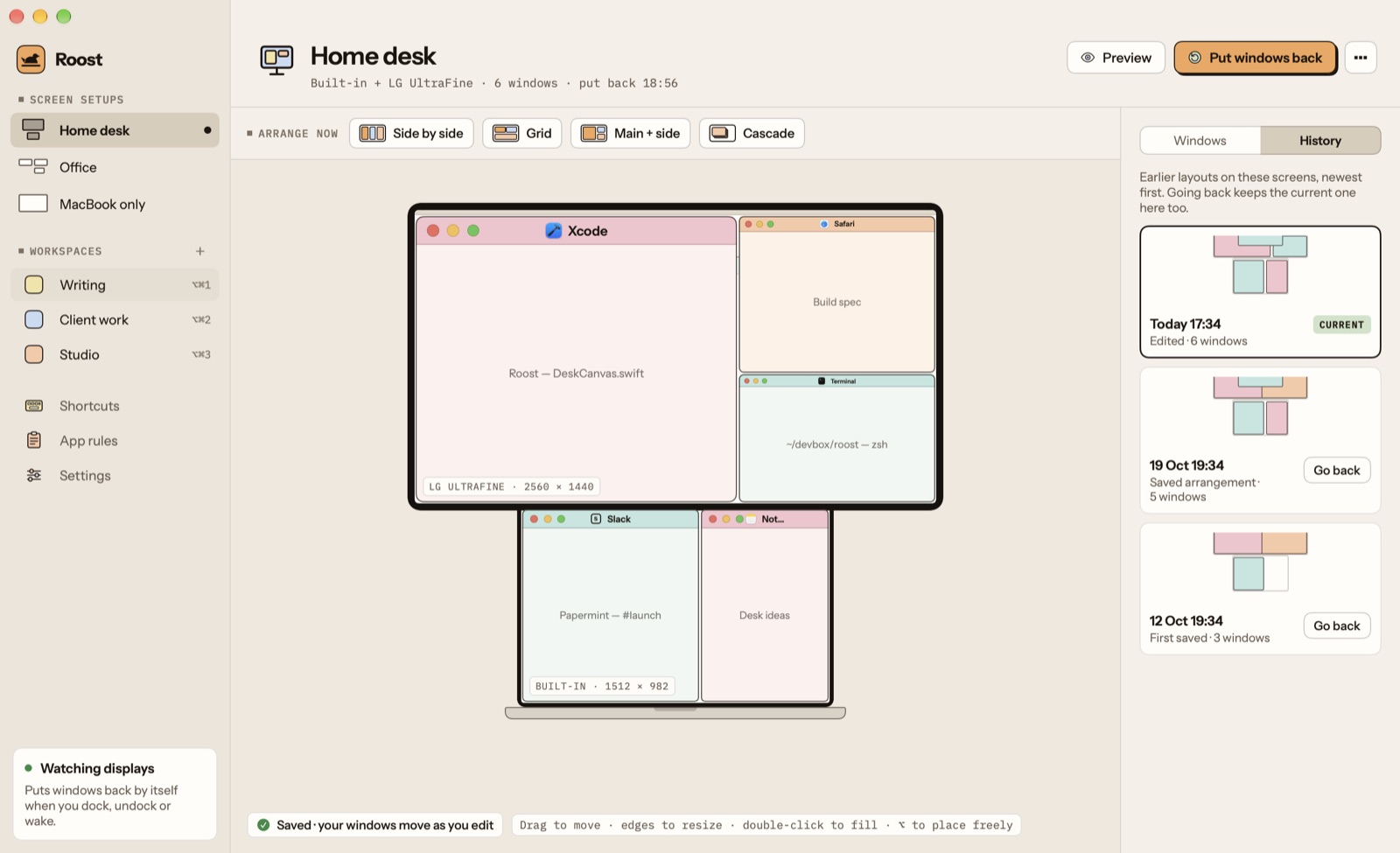 Roost's History tab: earlier layouts of the home desk, newest first, each with a small picture and Go back