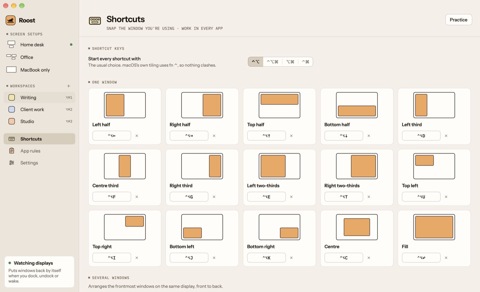 Roost's Shortcuts page: left half, right half, thirds and quarters, each drawn and with its ⌃⌥ shortcut