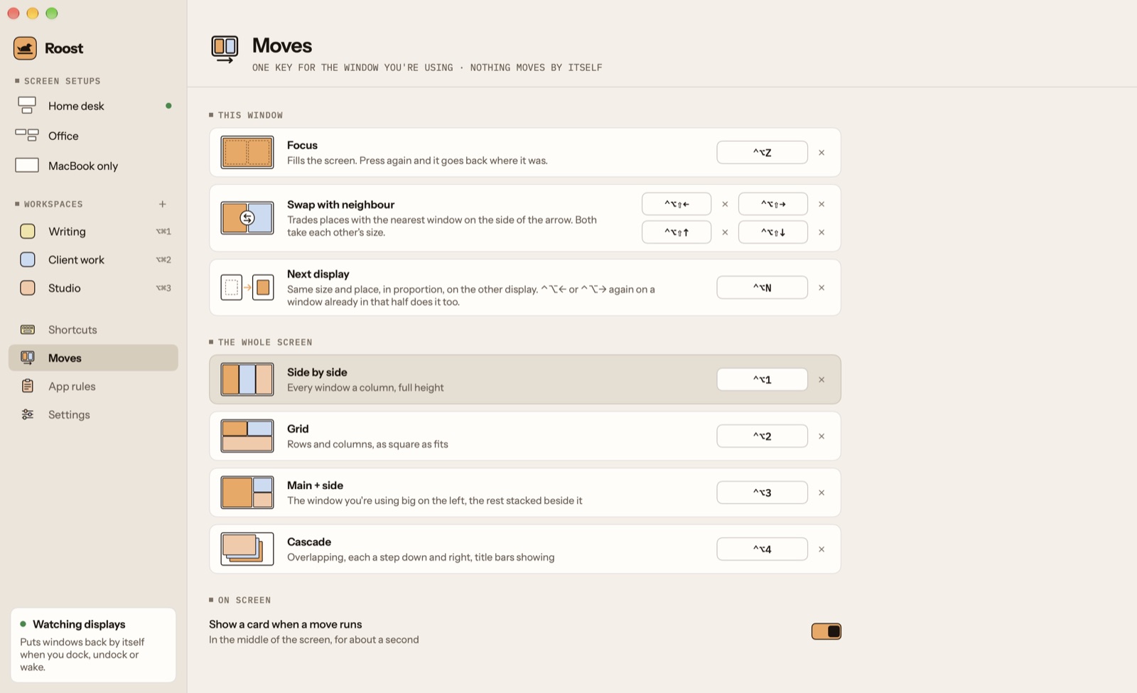 Roost's Moves page: Focus, Swap with neighbour and Next display for the window you're using, and keys ⌃⌥1 to ⌃⌥4 for Side by side, Grid, Main + side and Cascade