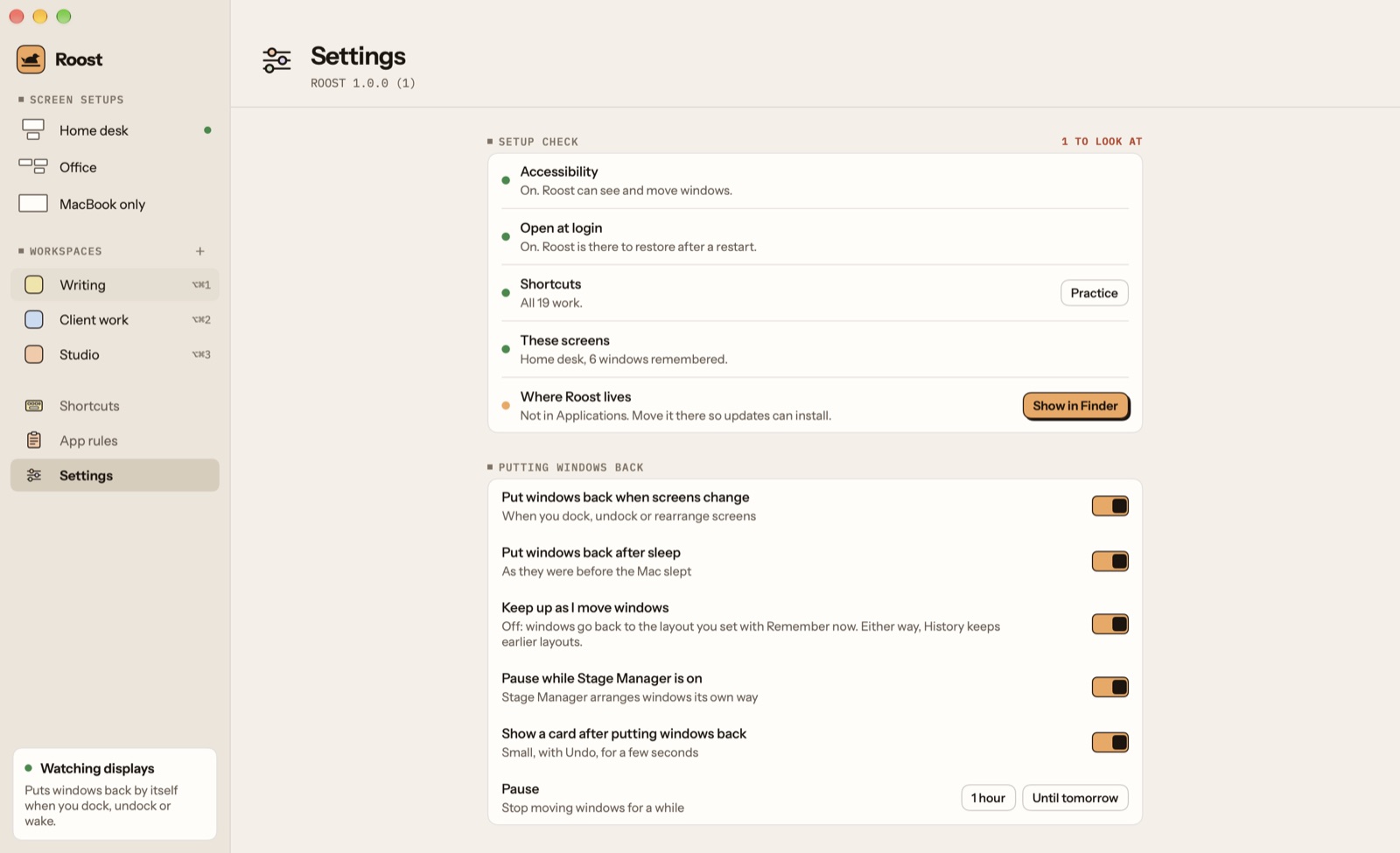 Roost's Settings: the setup check, putting windows back when screens change and after sleep, and keeping up as you move windows