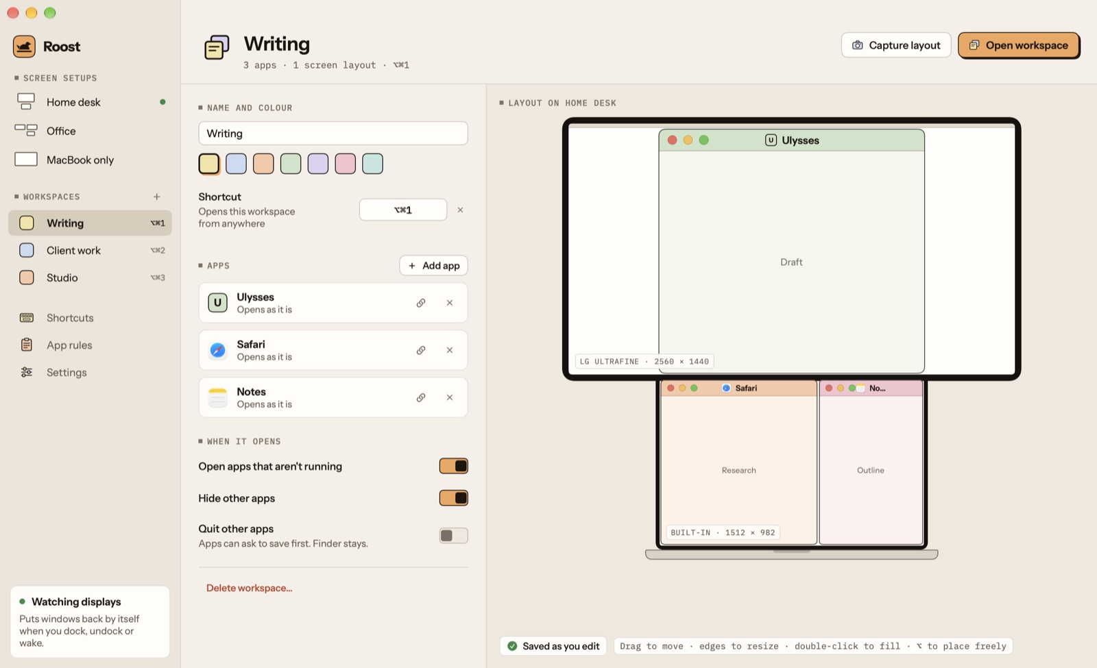 A Roost workspace called Writing: Ulysses, Safari and Notes, its shortcut ⌥⌘1, and where each window goes on the home desk