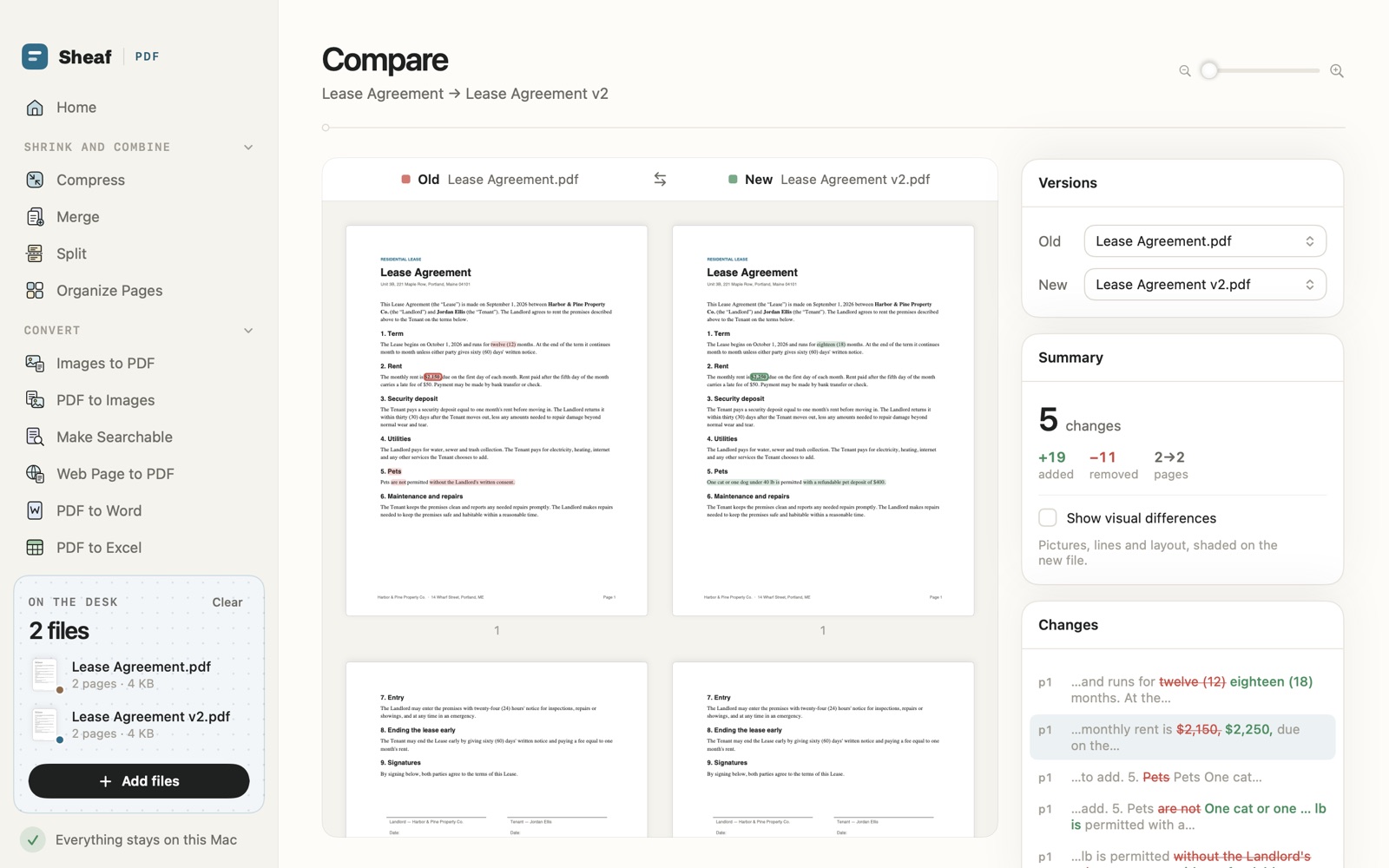 Compare in Sheaf: two versions of a lease side by side, with 5 changes listed