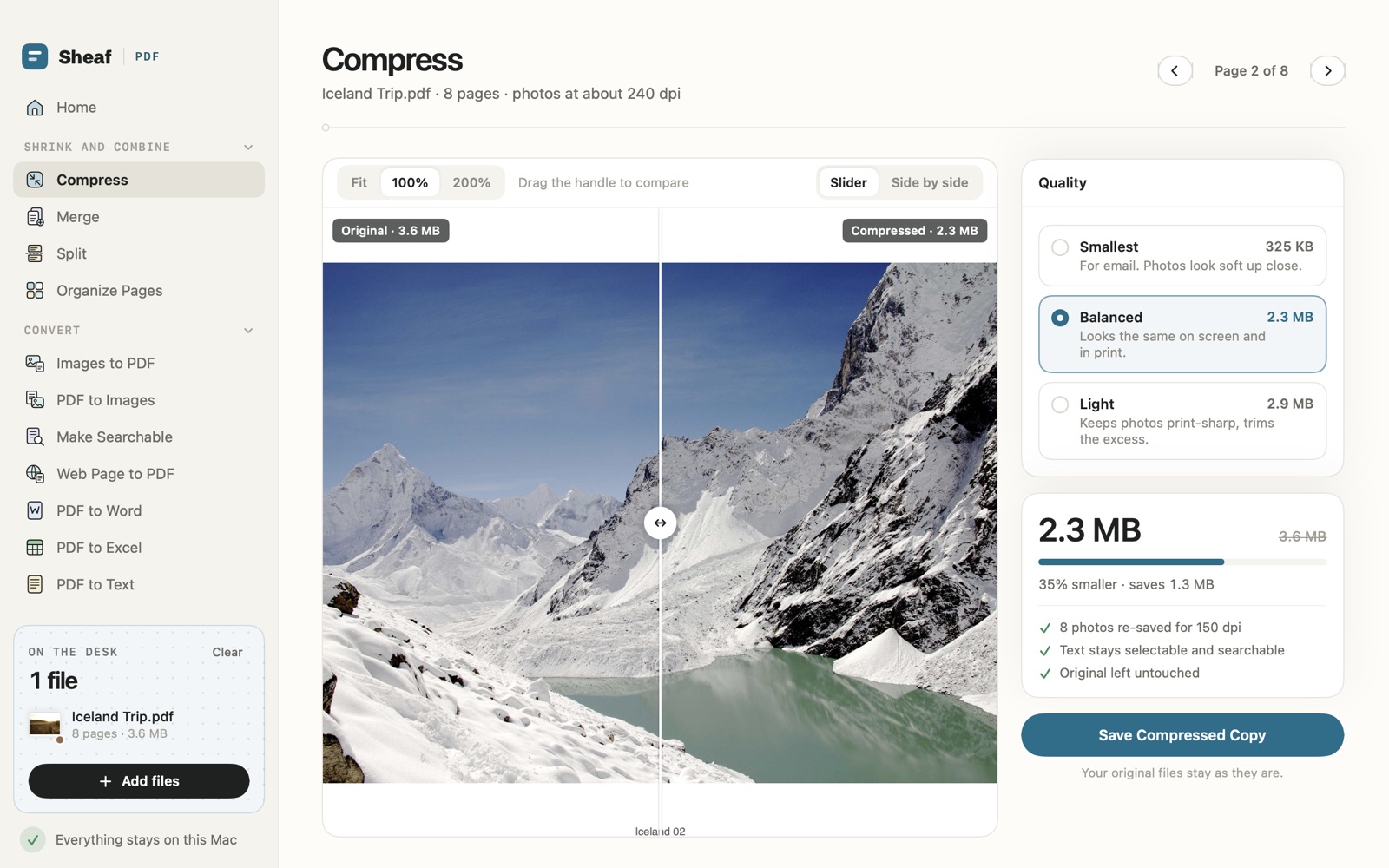 Compress in Sheaf: a photo page split by a slider between the original at 3.6 MB and the compressed copy at 2.3 MB