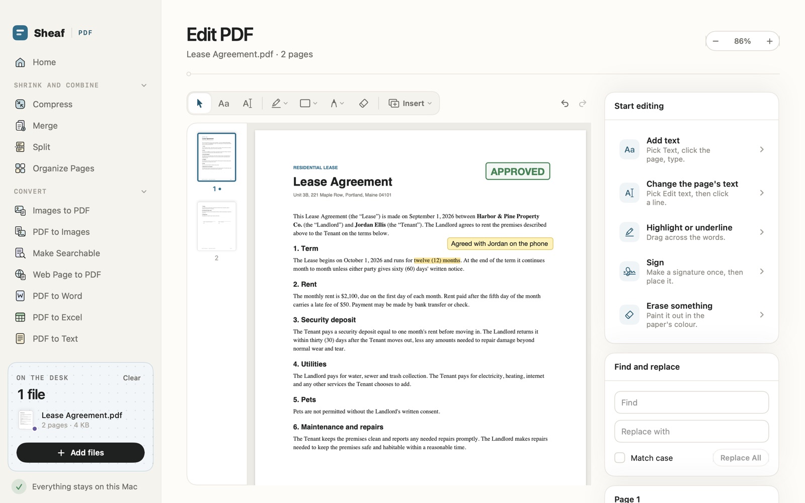 Edit PDF in Sheaf: a lease with a highlight, a note and an Approved stamp, and the editing tools beside it
