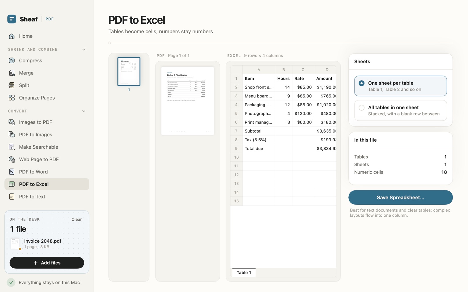 PDF to Excel in Sheaf: an invoice's table as spreadsheet rows, with 18 numeric cells