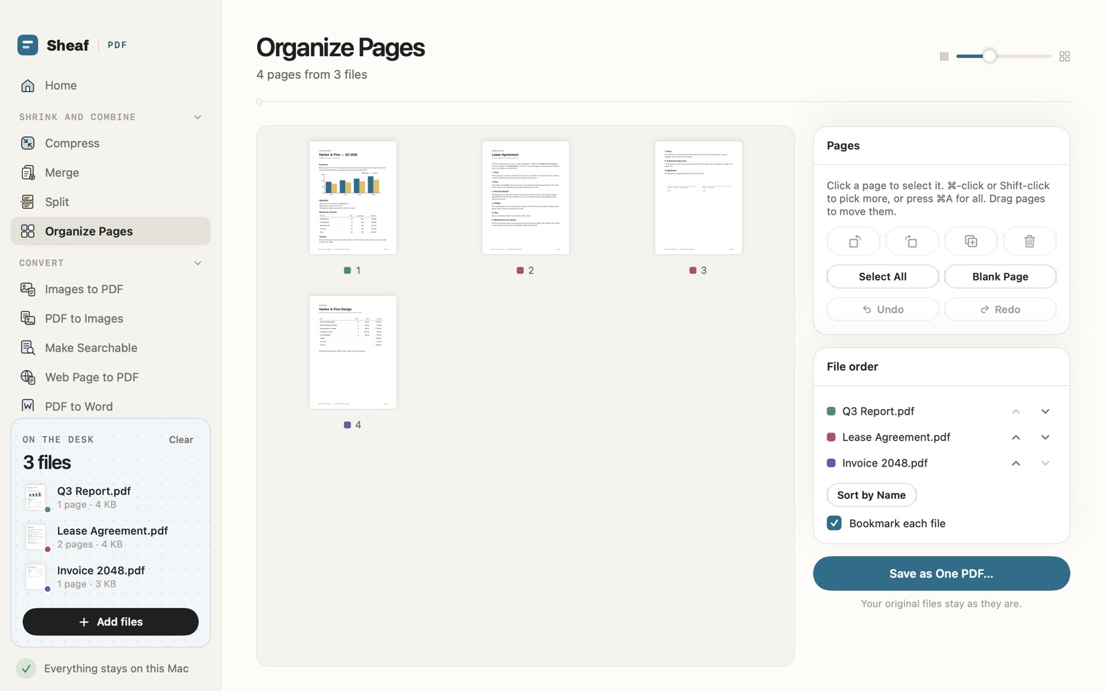 Organize Pages in Sheaf: pages from three files in one grid, with Save as One PDF and a note that the originals stay as they are