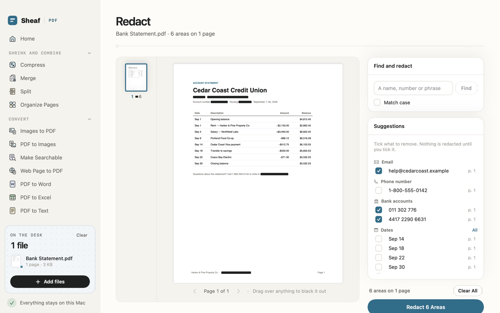 Redact in Sheaf: a bank statement with an email and two account numbers ticked for removal