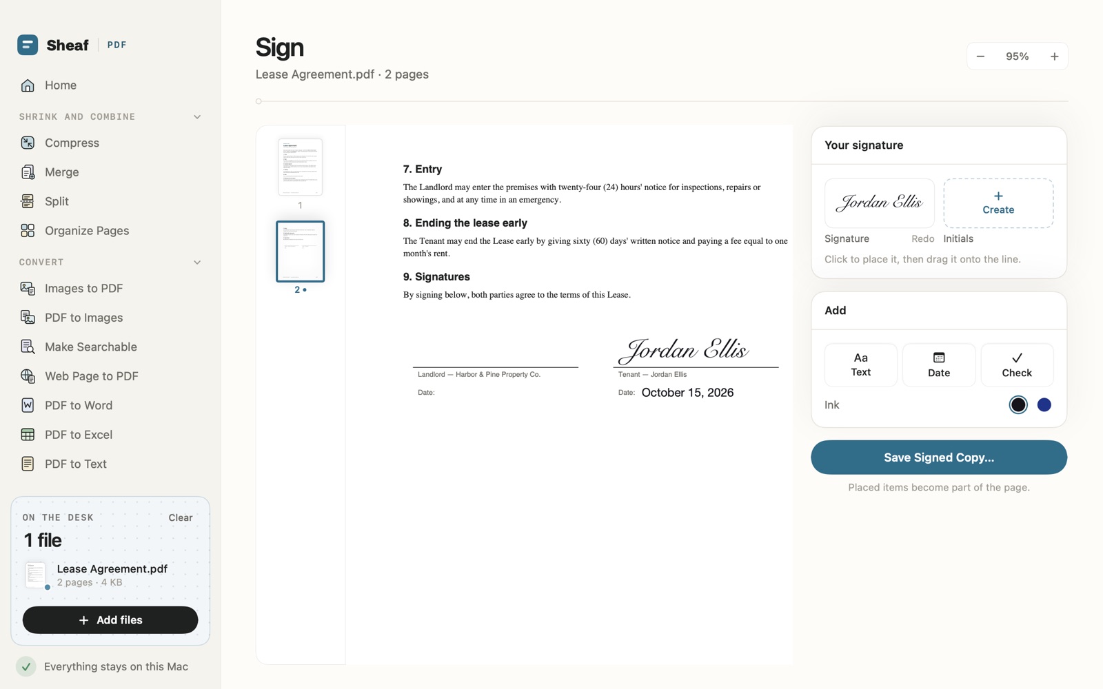 Sign in Sheaf: a typed signature and today's date placed on the signature line of a lease