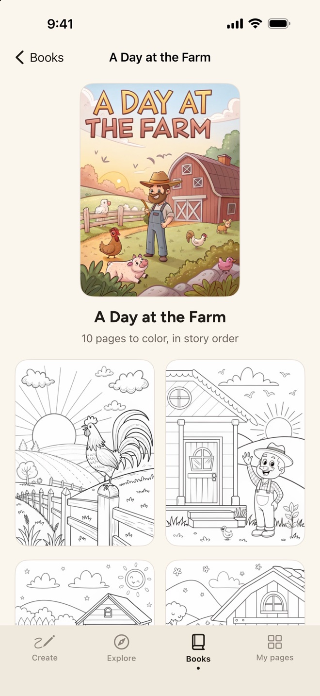 The A Day at the Farm book open: its cover, ten pages to color in story order, and the first pages below, a rooster on a fence and a farmer by a barn door.