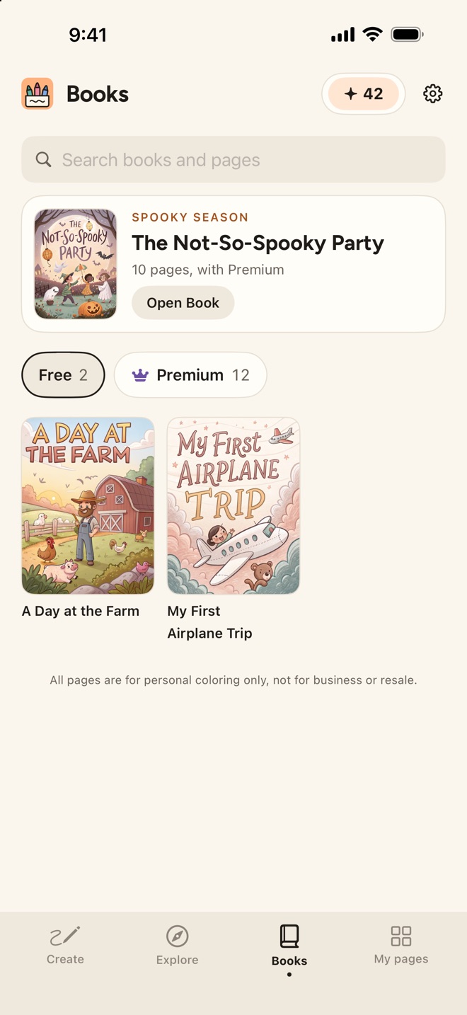 The Books tab: a search bar for books and pages, the seasonal book The Not-So-Spooky Party with an Open Book button, Free and Premium chips, and the free books A Day at the Farm and My First Airplane Trip.