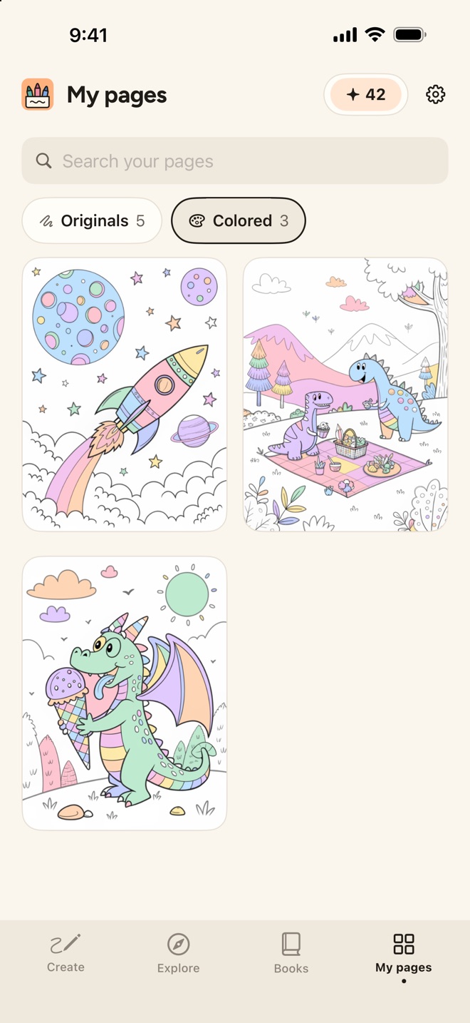 My pages on the Colored shelf: Originals and Colored chips, and three finished colorings in soft pastels on white, a rocket past the moon, a dinosaur picnic and the ice cream dragon.