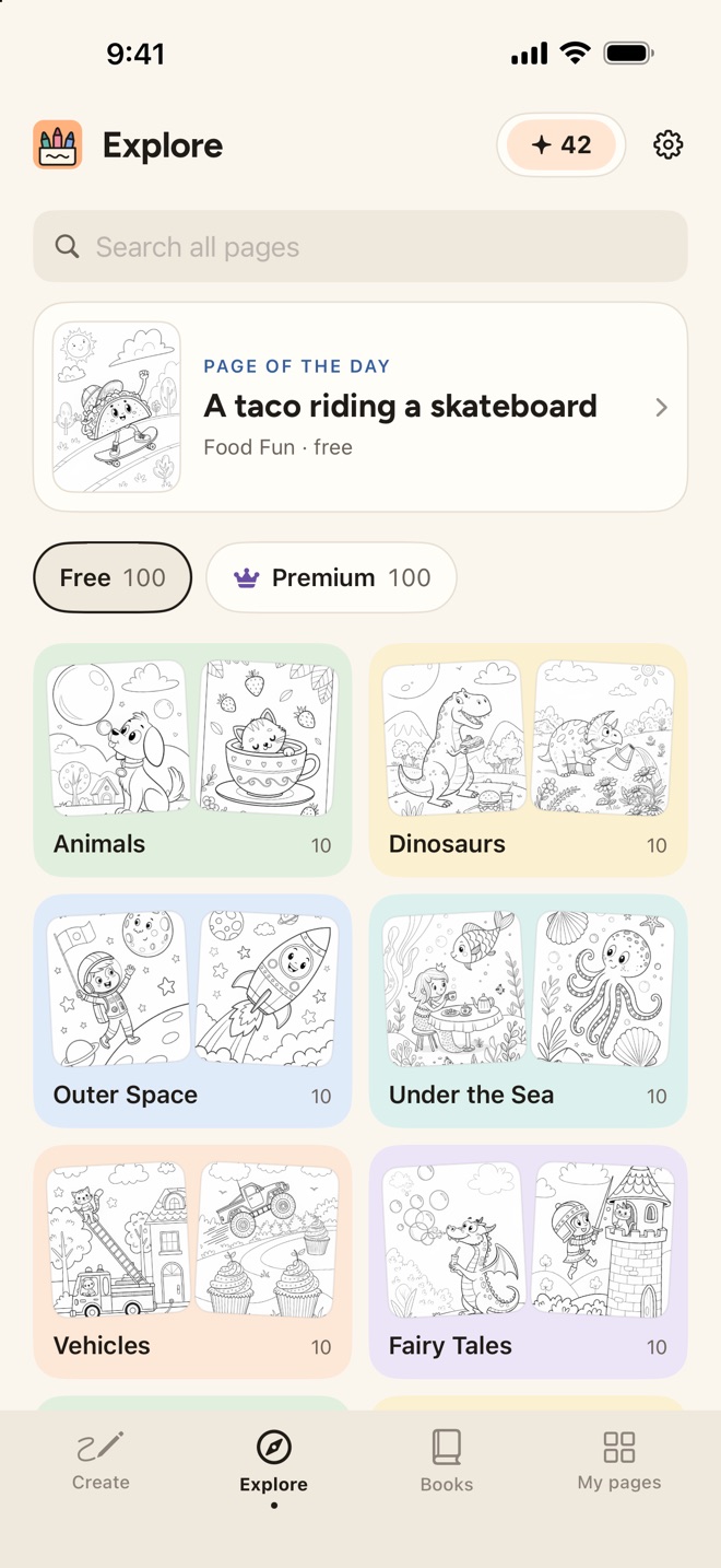 The Explore tab: a search bar, the Page of the Day, a taco riding a skateboard, Free and Premium chips with their page counts, and pastel category tiles for Animals, Dinosaurs, Outer Space, Under the Sea, Vehicles and Fairy Tales.