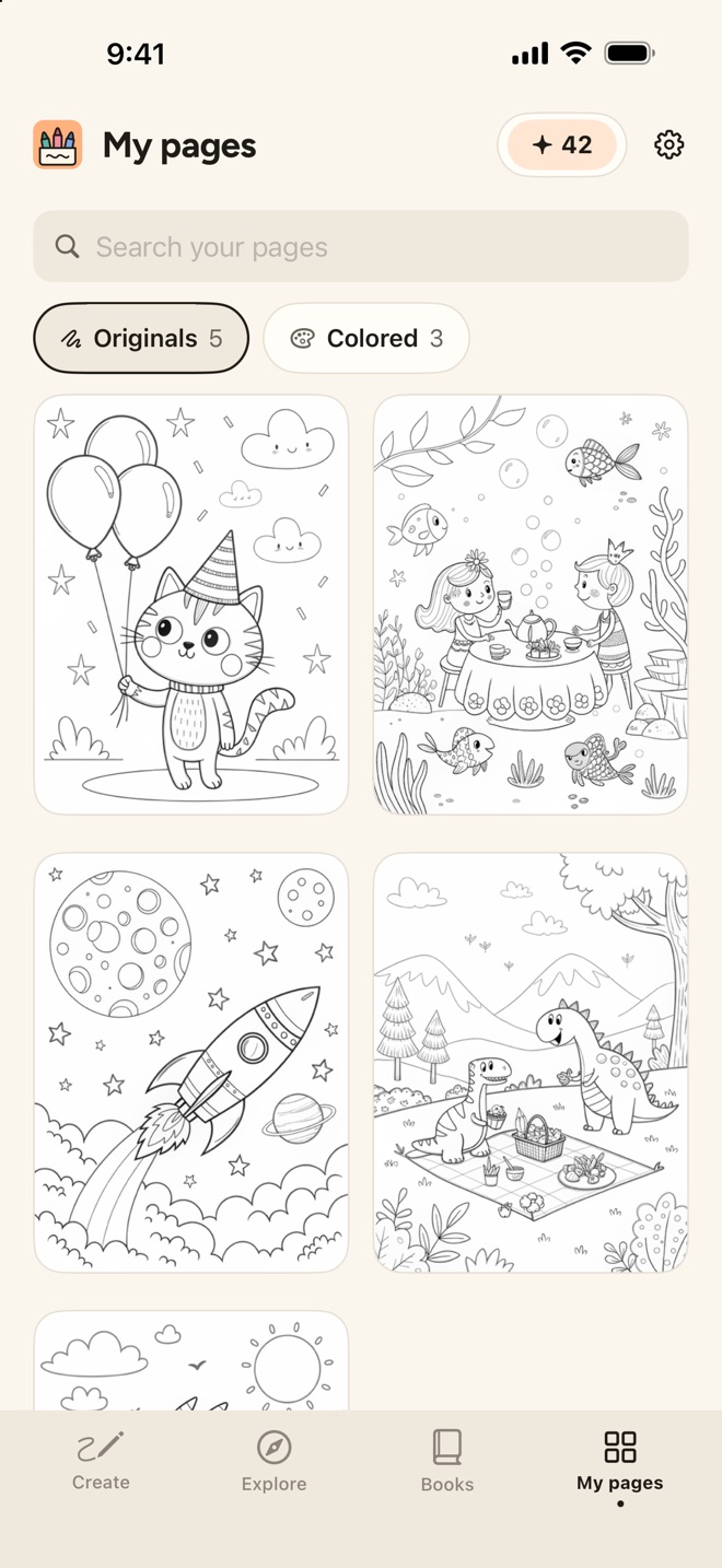My pages on the Originals shelf: a search bar, Originals and Colored chips with their counts, and line art of a cat with party balloons, a mermaid tea party, a rocket in space and a dinosaur picnic.
