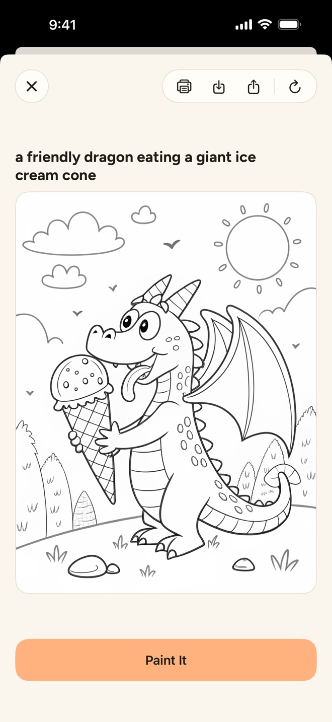 A finished black-and-white coloring page of a friendly dragon eating a giant ice cream cone under the sun, with a close button and print, save, share and redraw buttons at the top and a Paint It button below.
