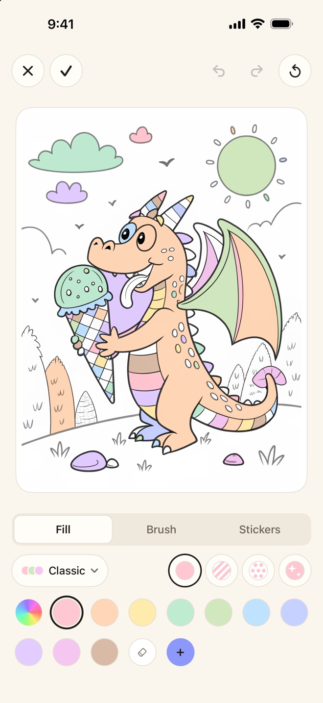 The painting screen: close and done buttons at the top left, undo, redo and start over at the right, the dragon page painted in soft pastels on white paper, and Fill, Brush and Stickers modes with the Classic crayon box, magic fills and a row of pastel crayons.