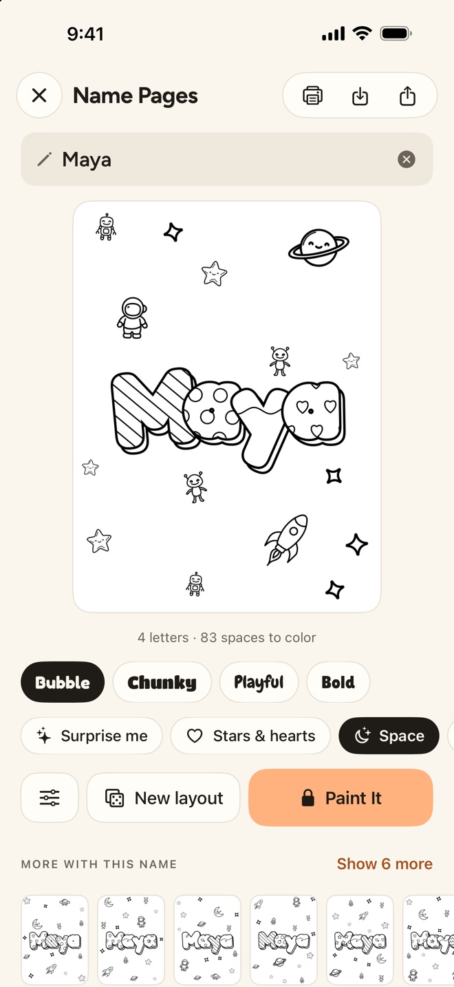 Sketchy's Name Pages with the name Maya in bubble letters, surrounded by space doodles: rockets, planets, stars and astronauts
