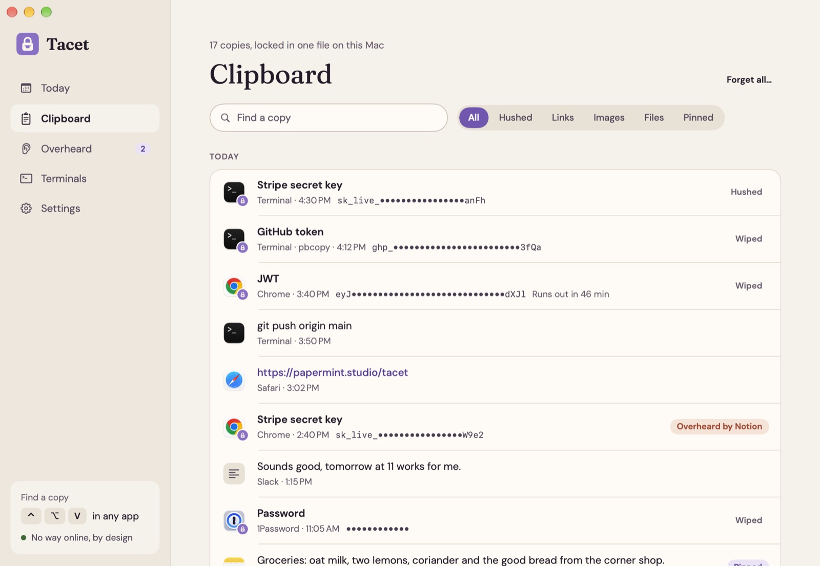 Tacet's Clipboard page: 17 copies locked in one file on this Mac, a search field, filters for Hushed, Links, Images, Files and Pinned, and today's copies in one card, each beside its app's icon, keys dotted out beside plain text and links