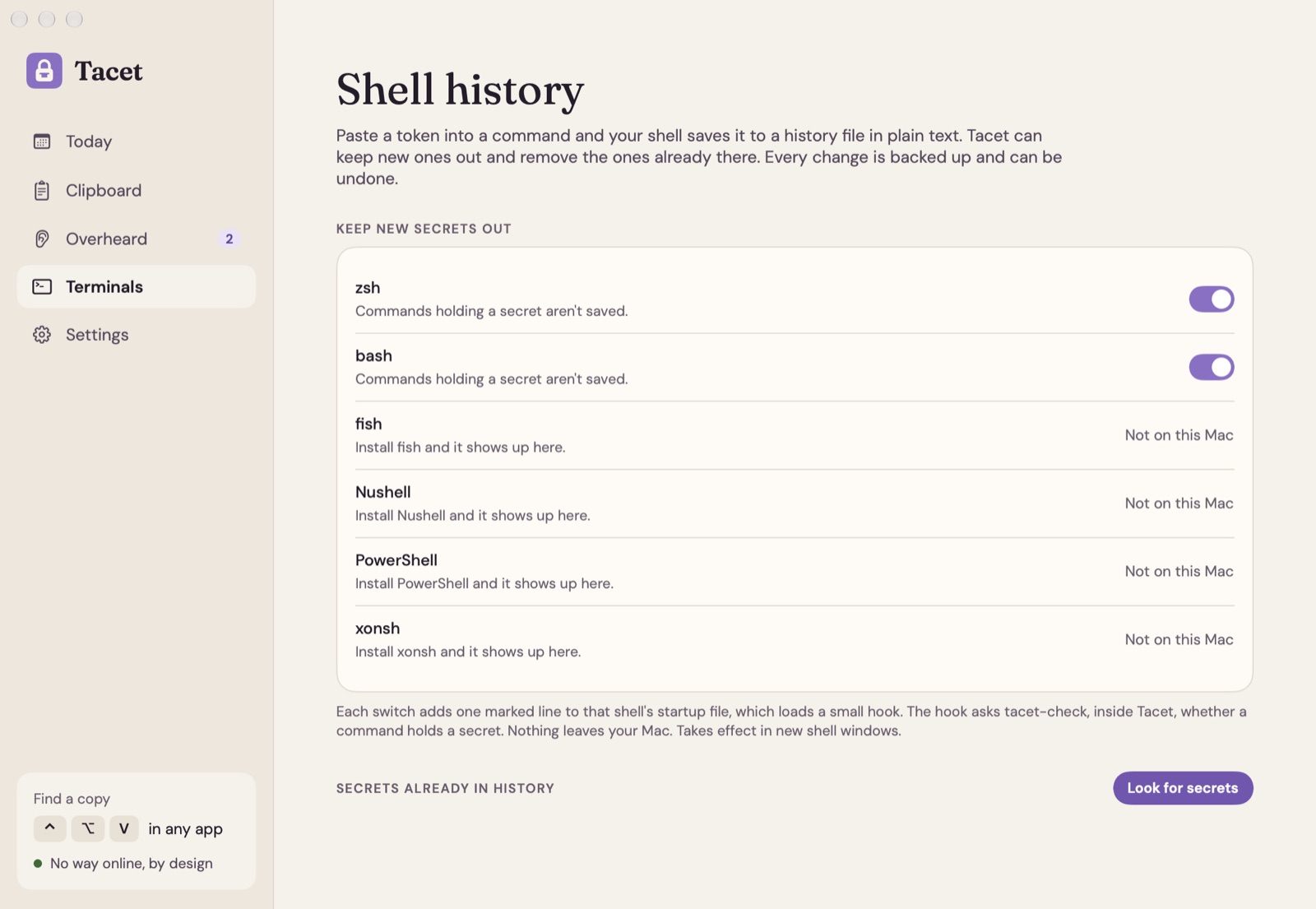 Tacet's Shell history page: switches for zsh and bash, the other shells, and Look for secrets