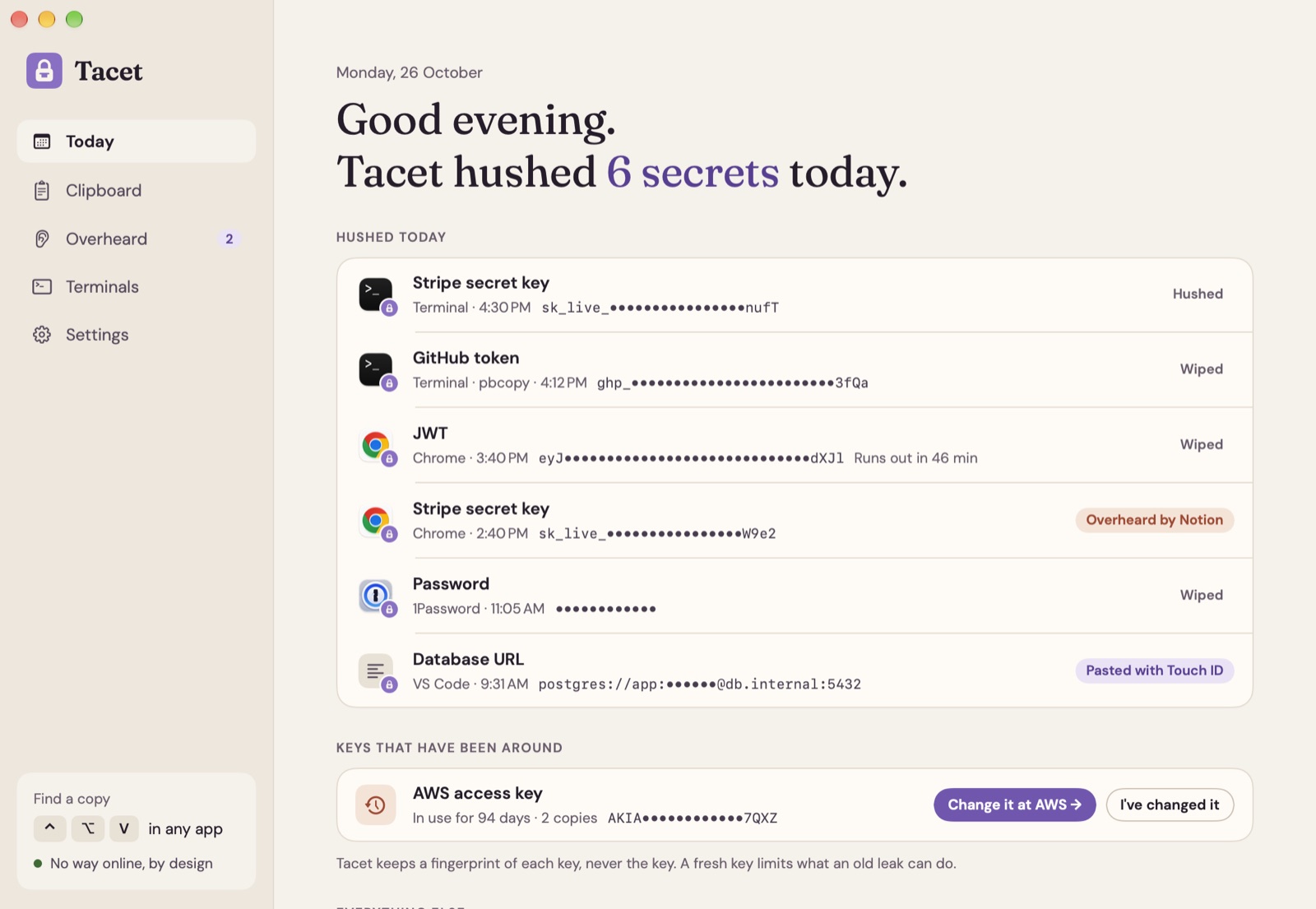 Tacet's Today: the secrets hushed today, each dotted out, with the time, the app and whether it was wiped