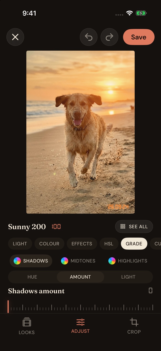 Colour grading: shadows, midtones and highlights, each with hue, amount and light, and a slider for the shadows amount.