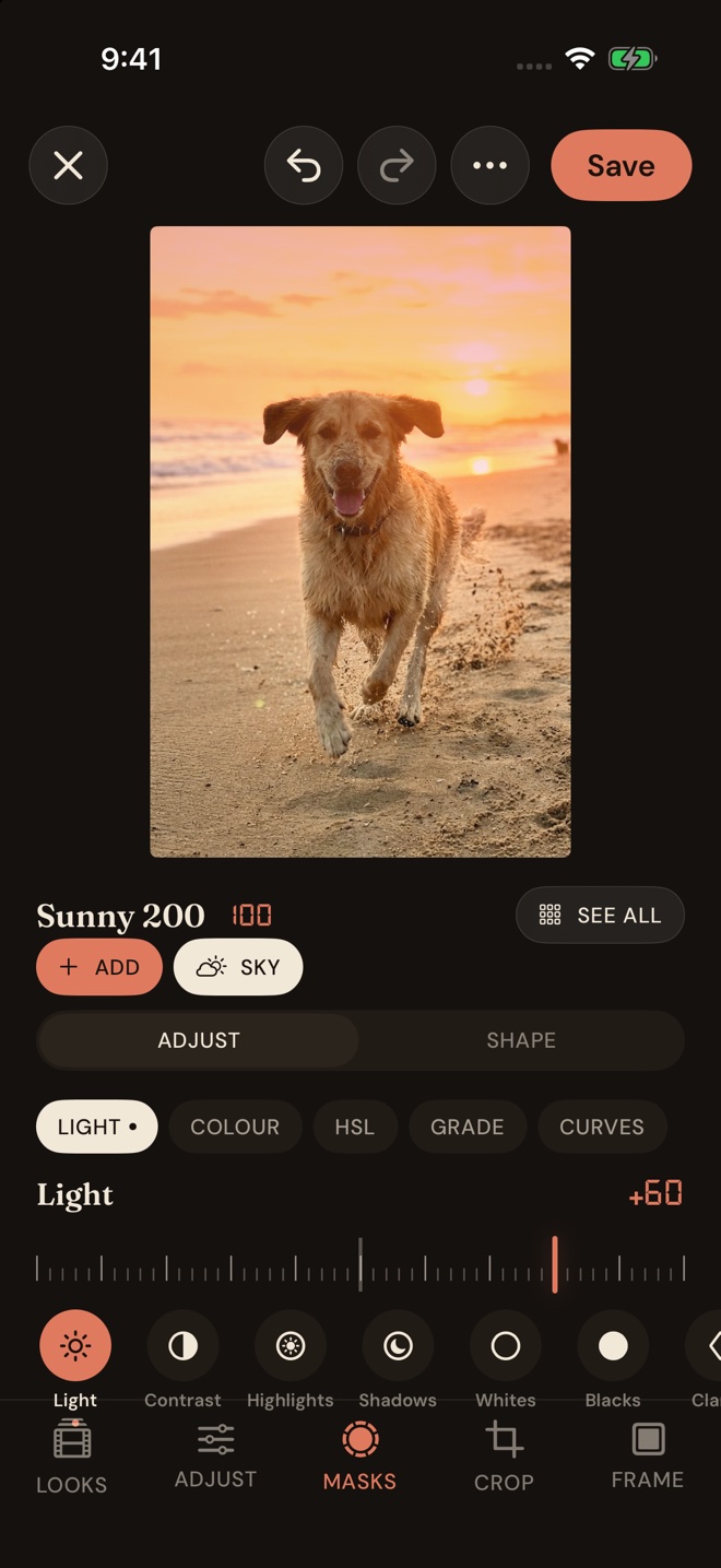 A sky mask: the photo with a Sky mask chosen, its own light, colour, HSL, grade and curves controls, and a light slider at +60.