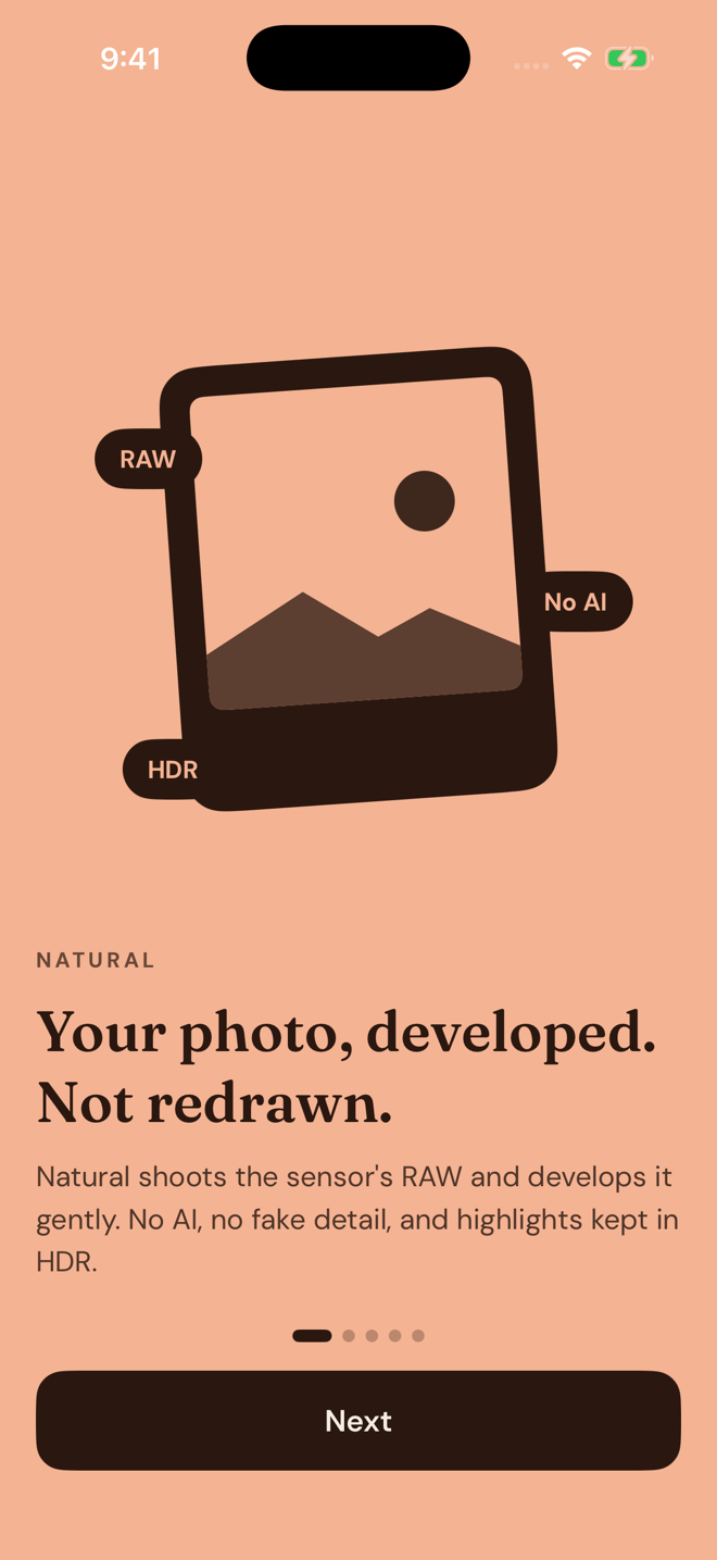 Umber's welcome page for Natural: a drawing of a print marked RAW, HDR and No AI, and the words: Your photo, developed. Not redrawn.